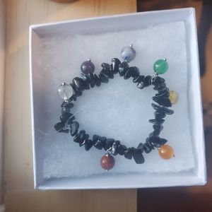 Black Jasper and Crystal Chakra Charm Bracelet
